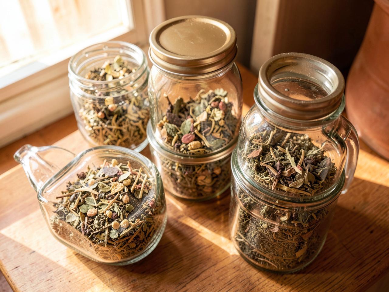 Pots de vidre amb herbes seques sobre un taulell de fusta