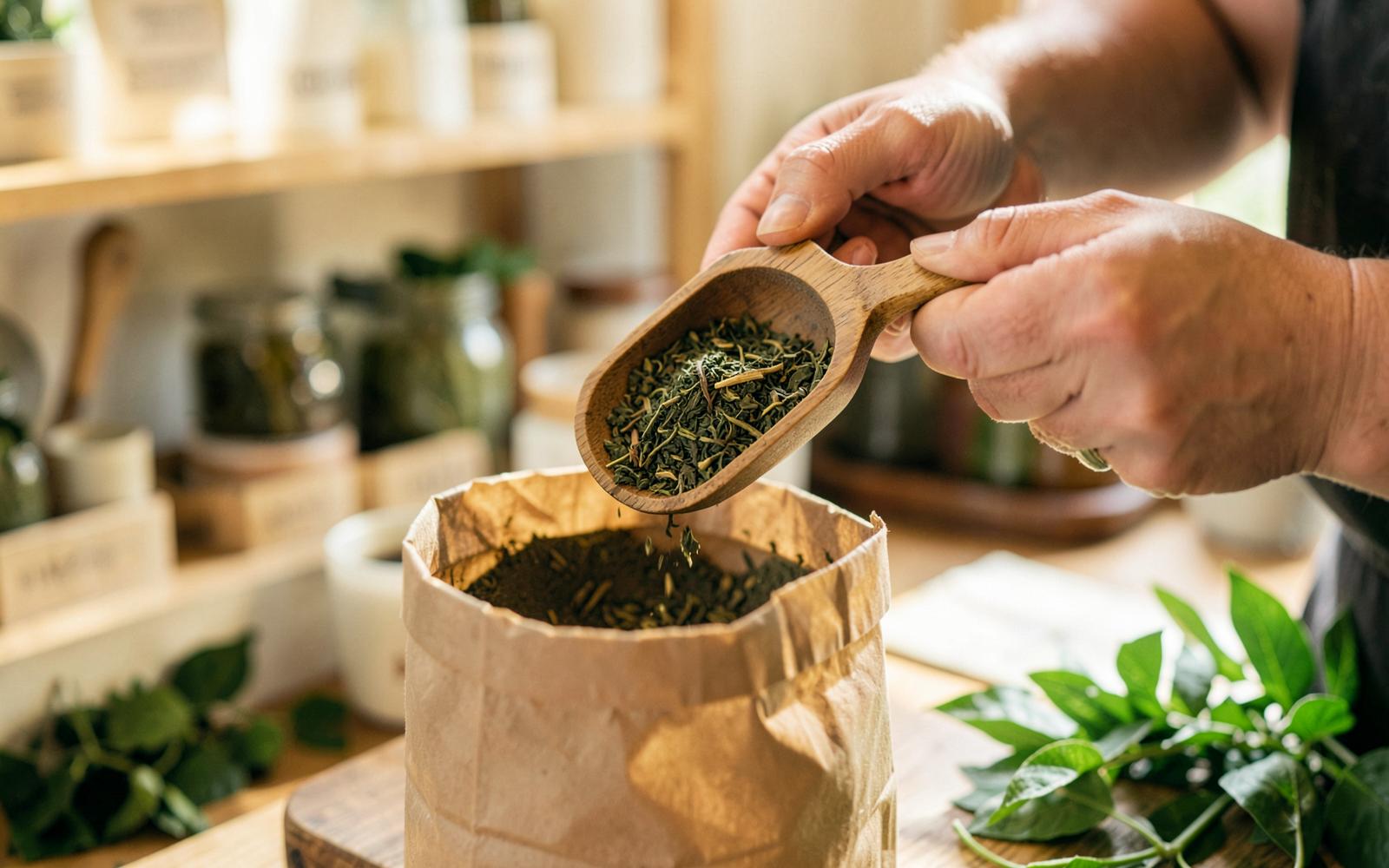 Mans abocant herbes seques a granel dins una bossa de paper al taulell