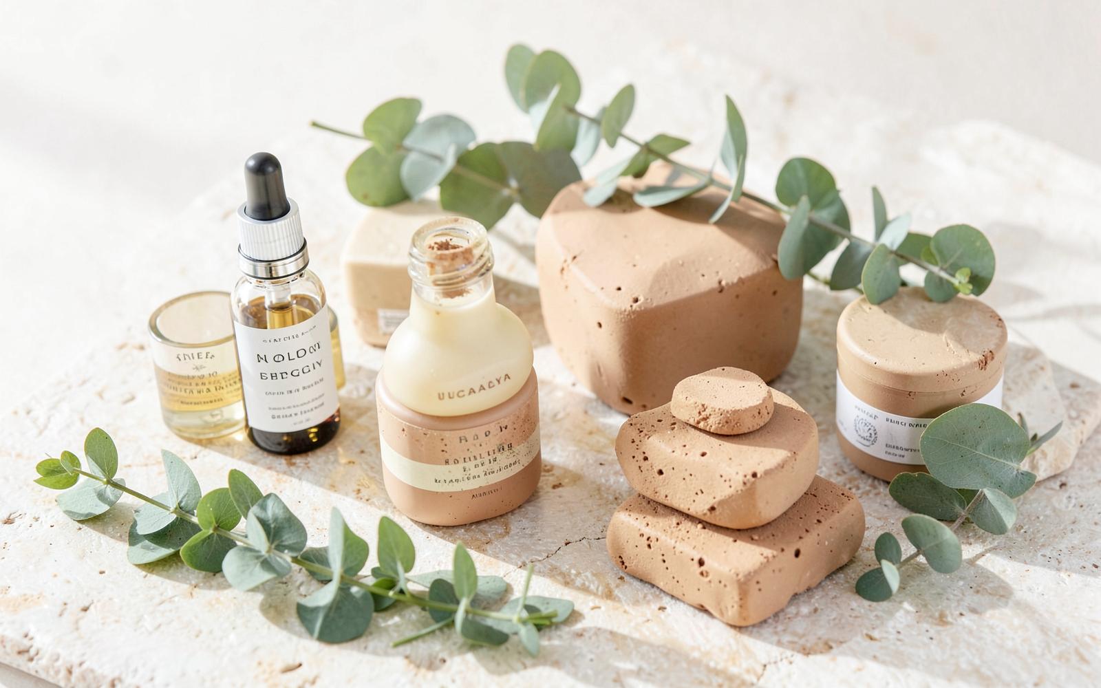 Cosmètica natural: flascons de vidre, sabons i pots d'argila amb eucaliptus