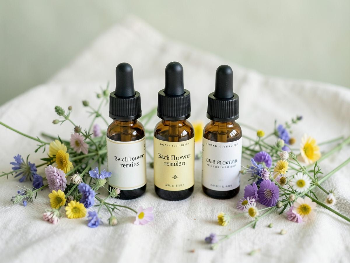 Tres flascons comptagotes de preparats florals envoltats de flors silvestres