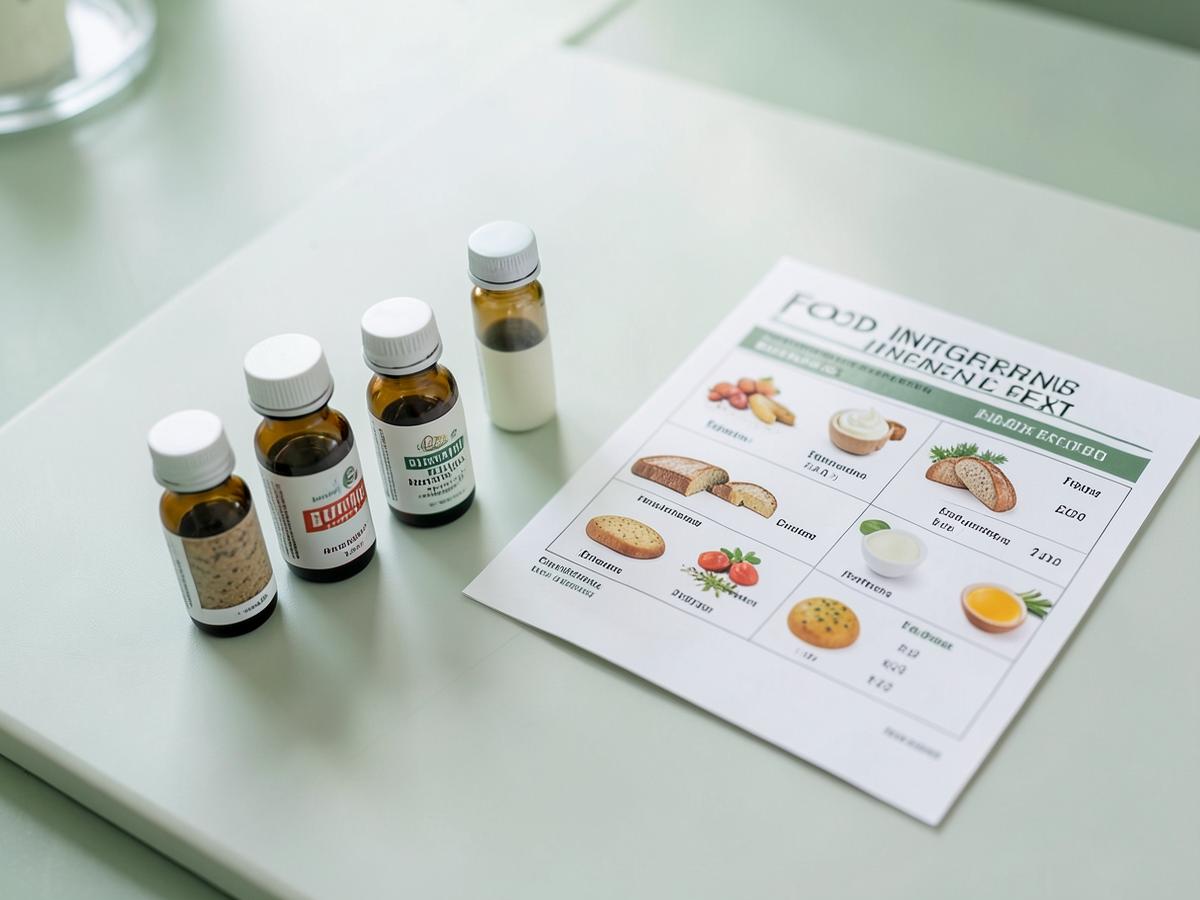 Flascons de mostra i un full de resultats d'un test d'intoleràncies alimentàries